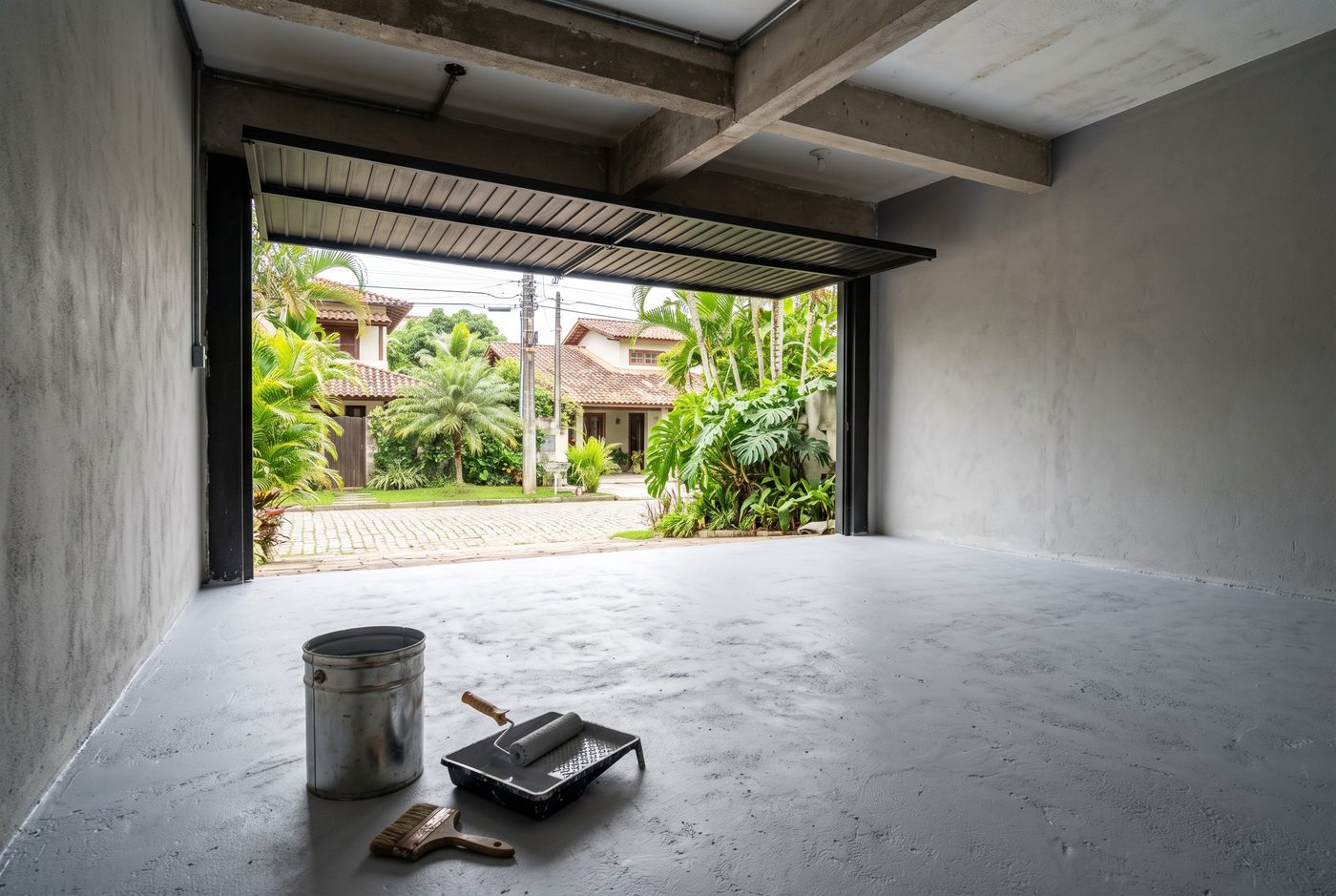 Garagem residencial com piso e paredes recém-pintados em cinza fosco, com balde e bandeja de tinta em primeiro plano