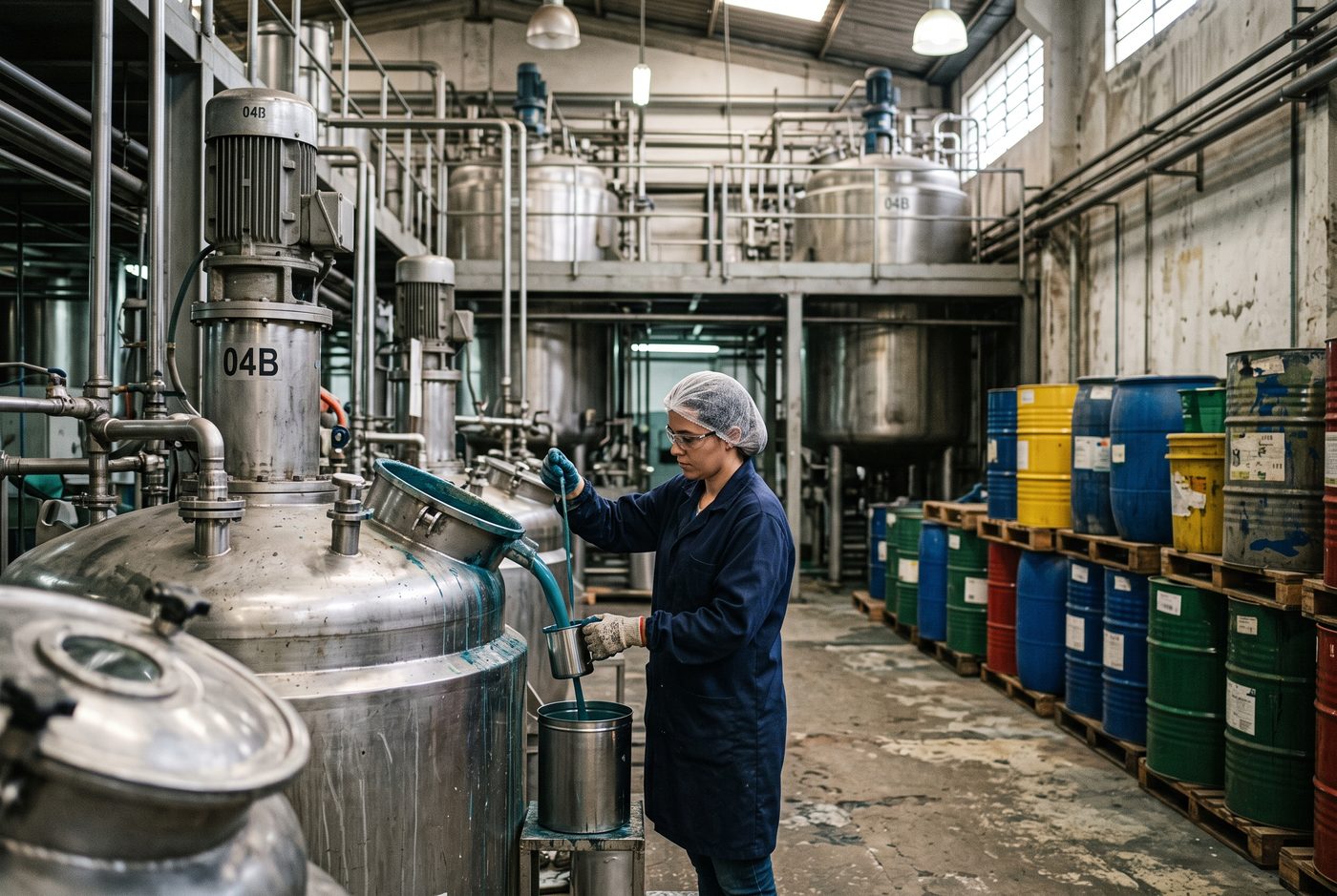 Interior da f&aacute;brica de tintas, com tambores e tanques de mistura
