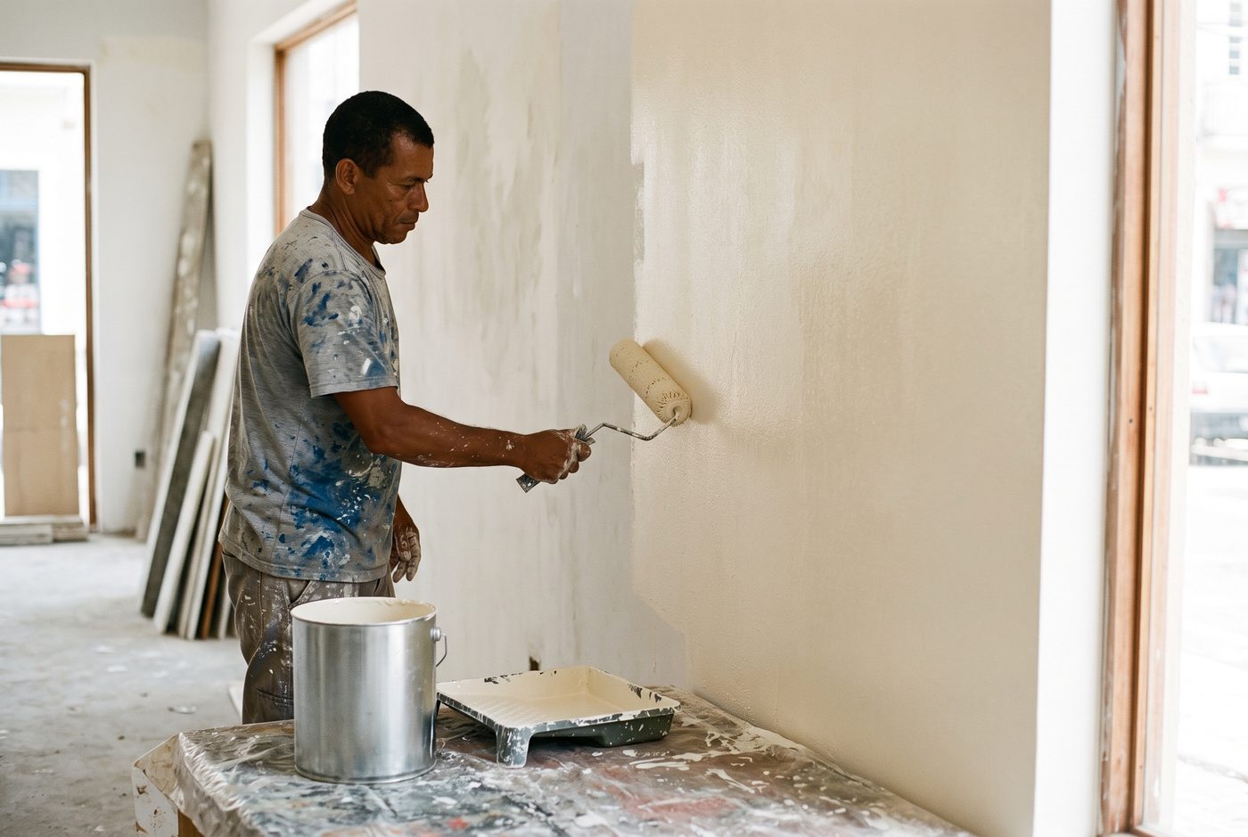 Pintor aplicando tinta base água com rolo em parede interna de alvenaria, ambiente comercial iluminado