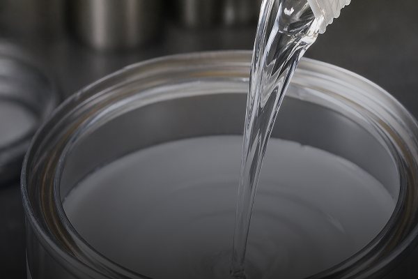 Diluente transparente sendo despejado em recipiente metálico