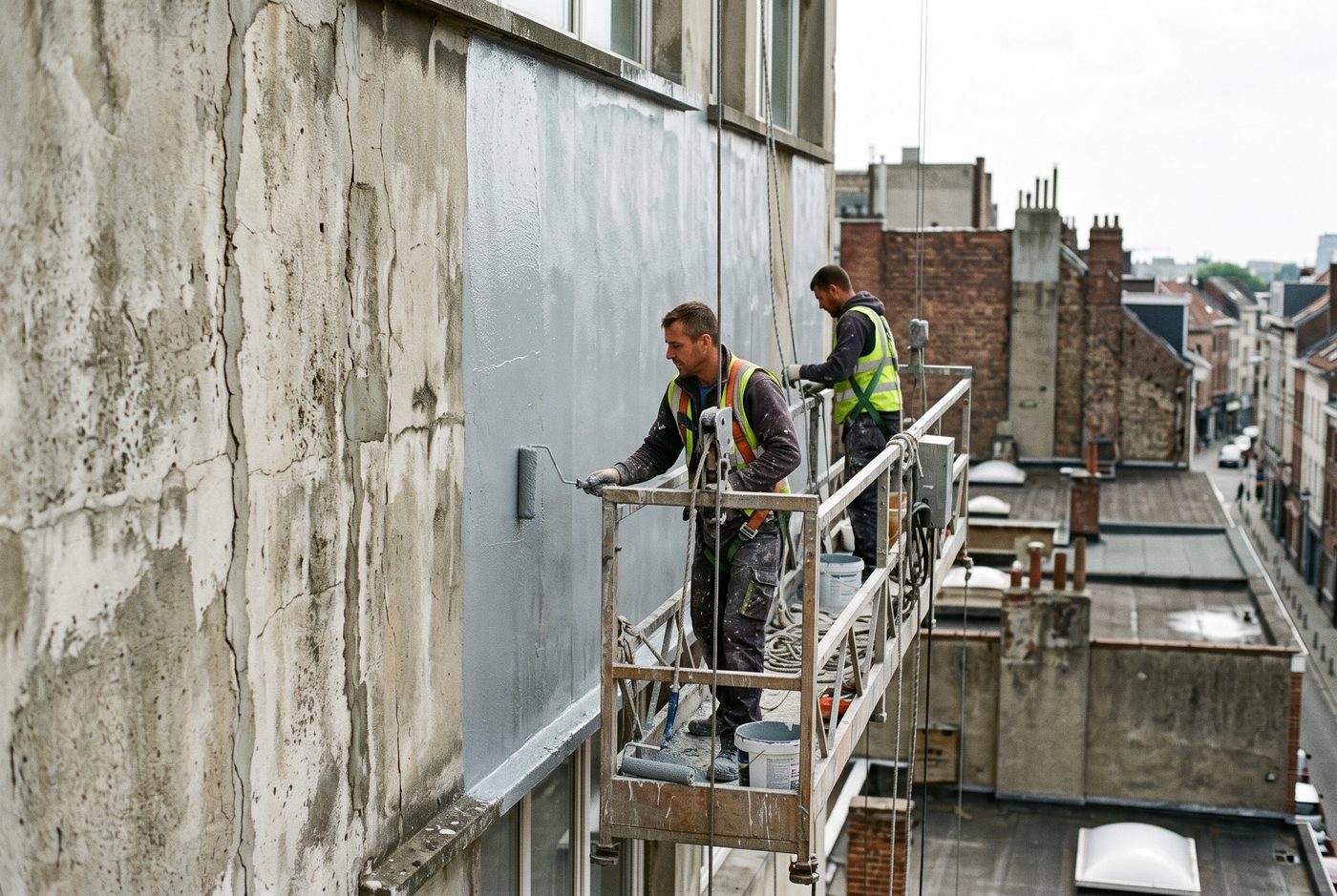 Pintores em balancim aplicando revestimento em fachada de edifício