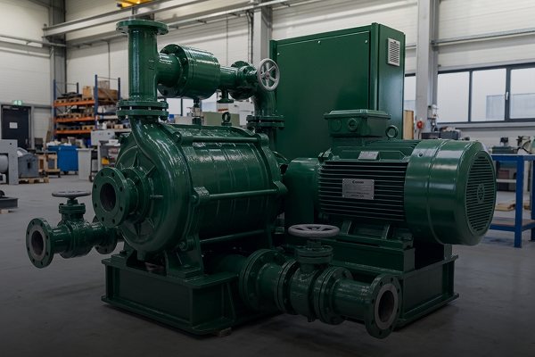 Conjunto de bomba e motor industrial pintado em verde, dentro de uma fábrica de equipamentos