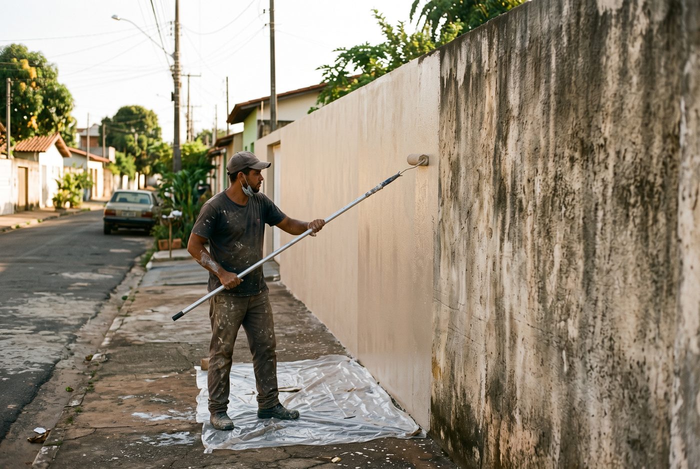 Pintor com rolo de extens&atilde;o pintando muro externo de concreto em rua residencial
