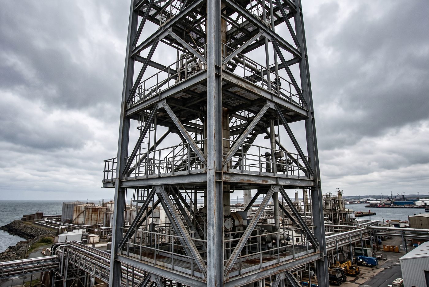 Estrutura metálica de planta industrial em ambiente litorâneo, revestida com primer rico em zinco